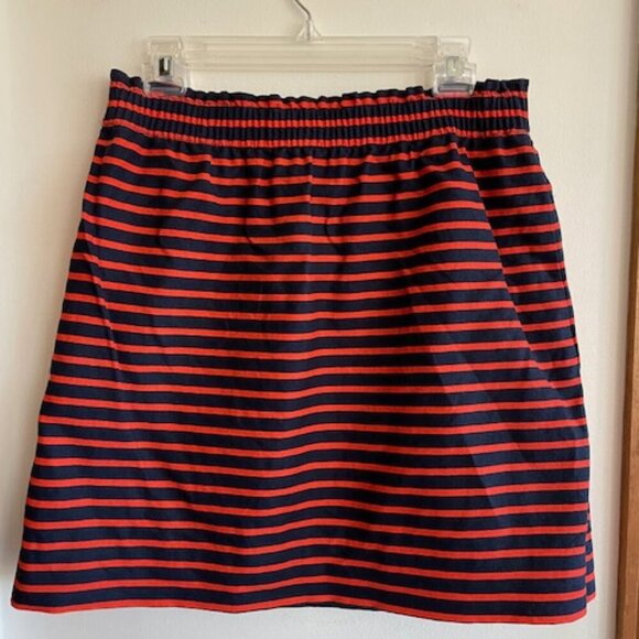 J. CREW Classic Navy Orange Stripe Elastic Waist Linen Mini Sidewalk Skirt 10 - Picture 3 of 14